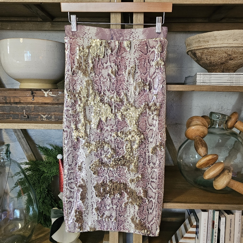 Revolve Le Superbe Liza Column Gold Sequined Snake Print Skirt Sz XS - Picture 10 of 12